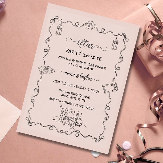 Peach Ramadan Bow doodle ramadan iftar invitation