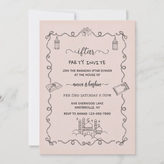 Peach Ramadan Bow doodle ramadan iftar invitation (Devant)