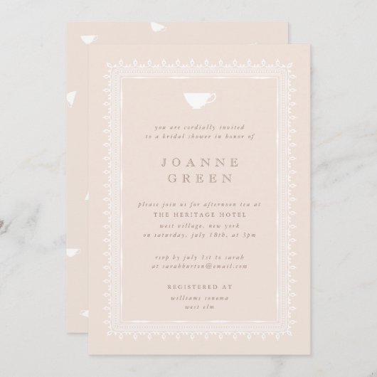 Peach Regency Afternoon Tea Bruids/Trouwdouche Kaart (Voorkant / Achterkant)