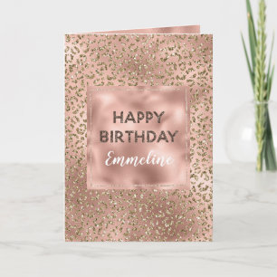Peach Roos Gold leopard Print Glitter Birthday    Kaart