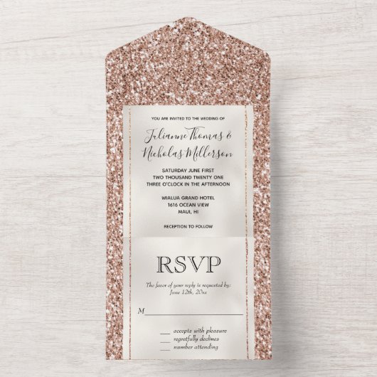 Peach Roos Gold Luxe glitter All In One Uitnodiging (Binnen)