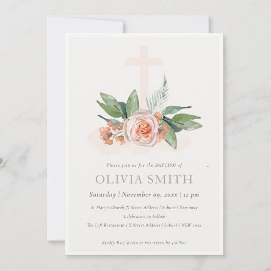 Peach Rose Floral Cross Bunch Baptism Invitation (Devant)
