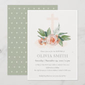 Peach Rose Floral Cross Bunch Baptism Invitation (Devant / Derrière)