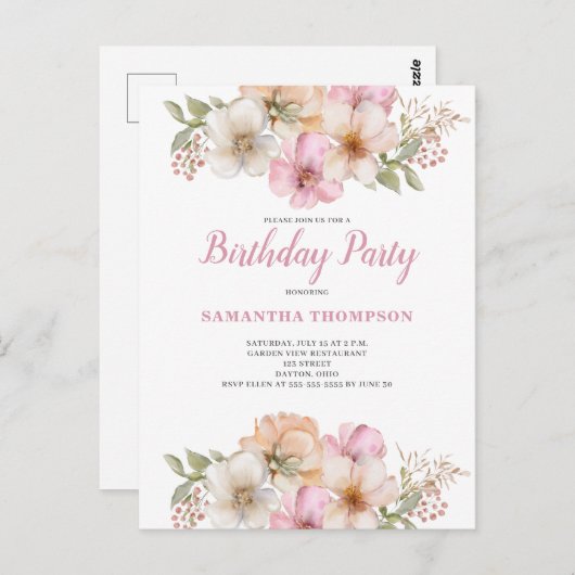 Peach rose Floral Invitation d'anniversaire (Devant / Derrière)