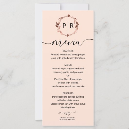 Peach Rose Monogramme Photo Mariage Menu Card (Devant)