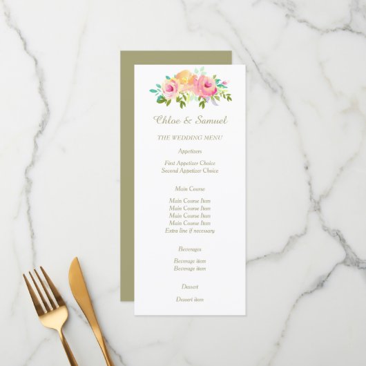 Peach rose roses sur le menu Mariage blanc (Devant/Arrière en situation)