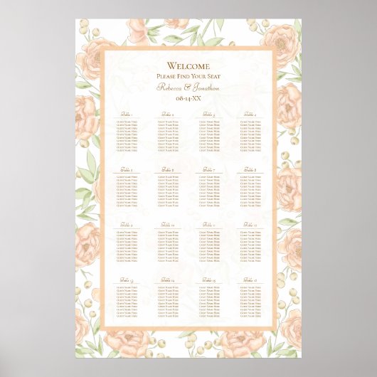Peach Rose Wedding Seating Chart Poster (Voorkant)