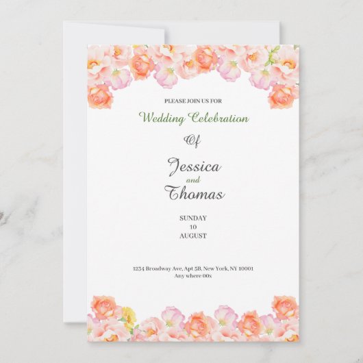 Peach roses botanical classy wedding invitation kaart (Voorkant)
