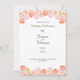 Peach roses botanical classy wedding invitation kaart
