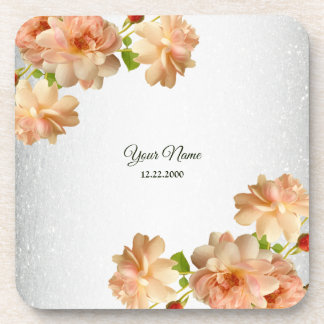 Peach Roses Floral Silver Glitter Wedding Party Bier Onderzetter