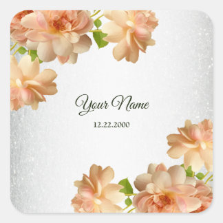 Peach Roses Floral Silver Glitter Wedding Party Vierkante Sticker