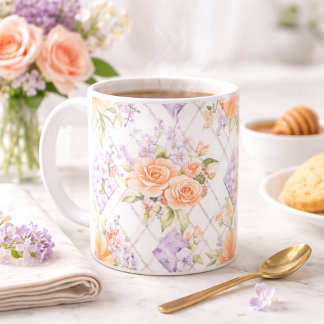 Peach Roses Lavender Cottagecore Floral Coffee Mug Koffiemok