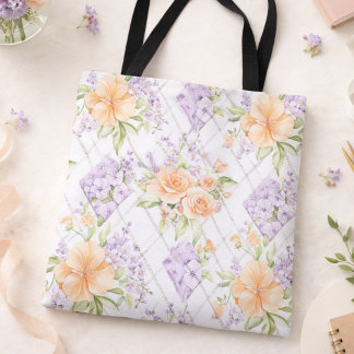 Peach Roses Lavender Cottagecore Floral Tote Bags Draagtas
