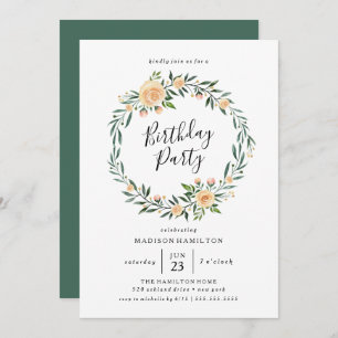 Peach Roses Wreath Invitation de fête d'annivers