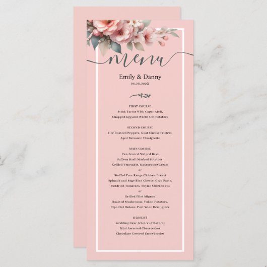 Peach Roze Elegant Botanisch Wedding Menu (Voorkant / Achterkant)