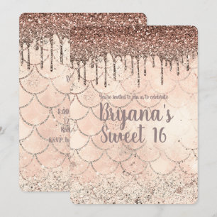 Peach roze glitter drip Mermaid Sweet 16 Party Kaart
