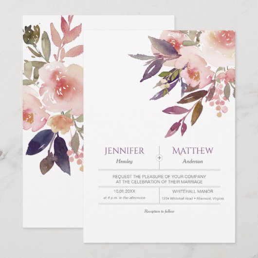 Peach roze lavender Waterverf Wedding Invitations Kaart (Voorkant / Achterkant)
