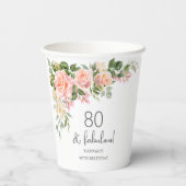 Peach Roze Rose Bloemen 80ste Verjaardag Papieren Bekers (Achterkant)