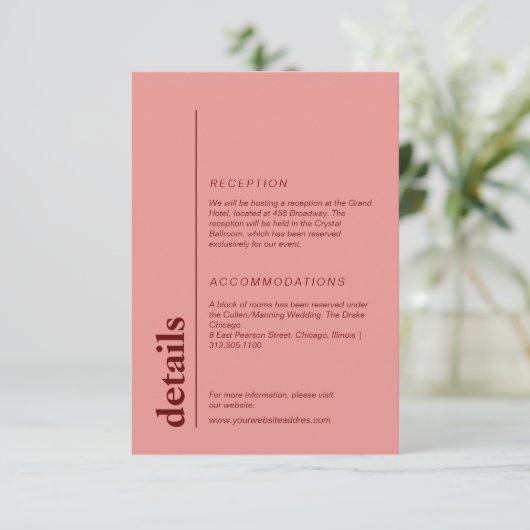 Peach roze vet bruiloft informatie informatiekaartje (Staand voorkant)