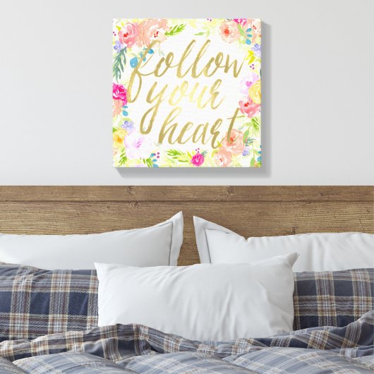 Peach Roze Waterverf Bloemen Volg je hart Canvas Afdruk (Insitu (Slaapkamer))