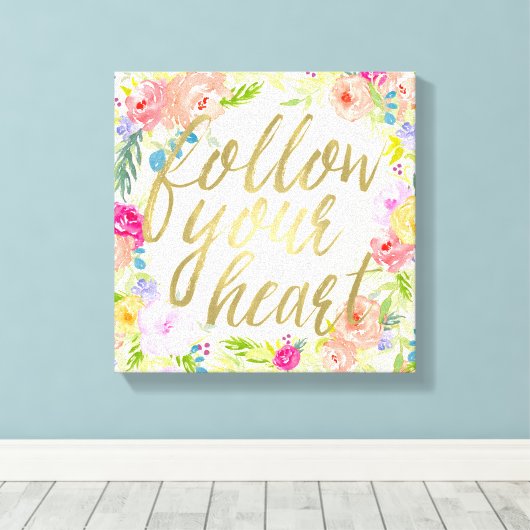 Peach Roze Waterverf Bloemen Volg je hart Canvas Afdruk (Insitu (Houten vloer))