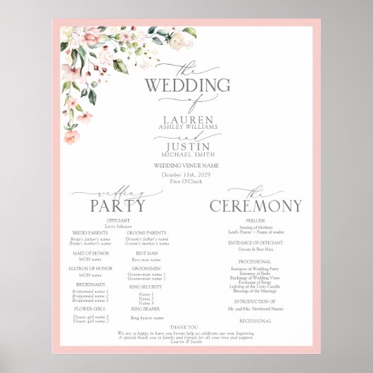 Peach roze Waterverf Floral Wedding Programme Poster (Voorkant)