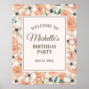 Peach roze White Floral Birthday Party Welcome Poster