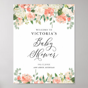 Peach Rozen and Hydrangeas Baby shower Welcome Poster
