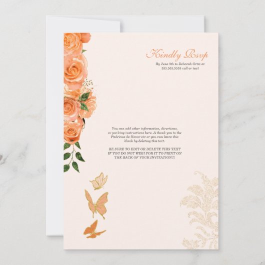 Peach Rozen Butterflies Mariposa Quinceanera Kaart (Achterkant)