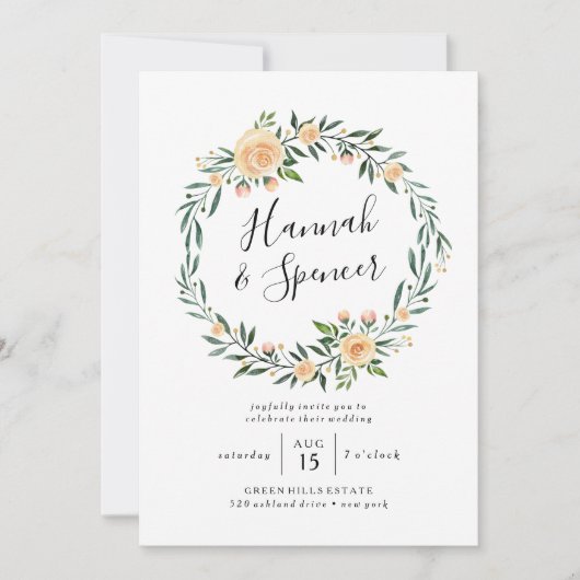 Peach Rozen krans bruiloft uitnodiging (Voorkant)
