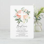 Peach Rozen Witte Kruis Meisje Doop Uitnodiging (Staand voorkant)