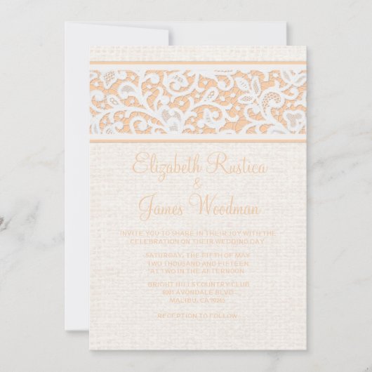 Peach rustic Burlap & Linen Wedding Invitations Kaart (Voorkant)