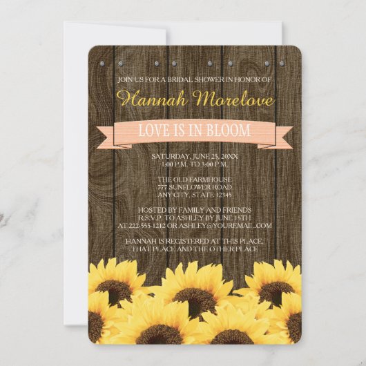 PEACH RUSTIC SUNFLOWER VRIJGEZELLENFEEST INVITE KAART (Voorkant)
