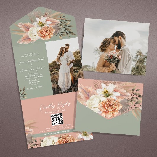 Peach Sage Green Floral QR Code Wedding All In One Uitnodiging