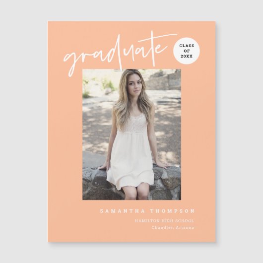 Peach Script School Graduate Photo Magnet (Devant)