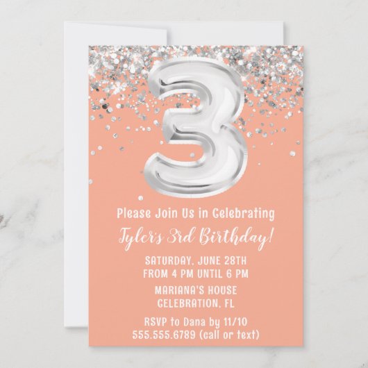 Peach Silver uitnodiging voor het derde verjaardag (Voorkant)