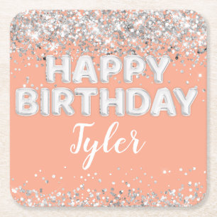 Peach Silver verjaardagsfeestje Vierkante Kartonnen Onderzetter