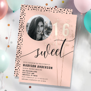 Peach Sparkler Sweet 16 Verjaardagsfoto Folie Uitnodiging