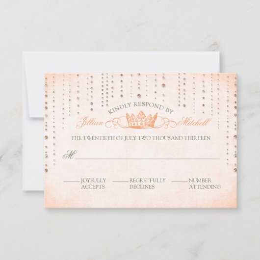 Peach Sparkles & Crown Fairytale Wedding Carte RSV (Devant)