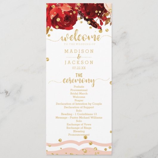 Peach Stripe Floral Gold Confetti huwelijksprogram Programma (Voorkant)