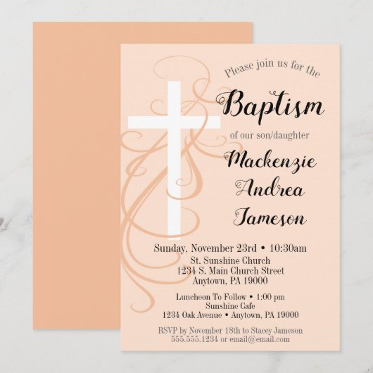 Peach Swirl Cross Baptism Invitation Girl Boy (Devant / Derrière)