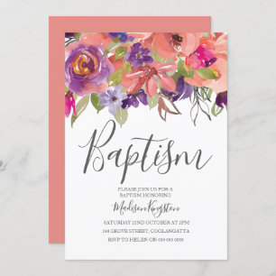 Peach Tropical Flowers Boy Girl Baptism Invite Kaart