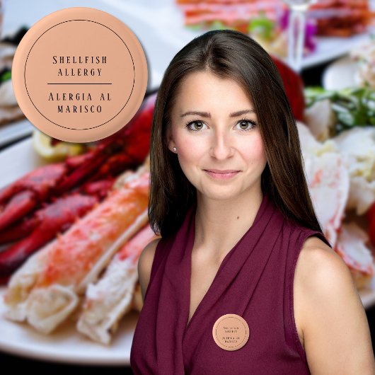 Peach Tweetalige Shellfish Allergie Alert Spaans Ronde Button 3,2 Cm