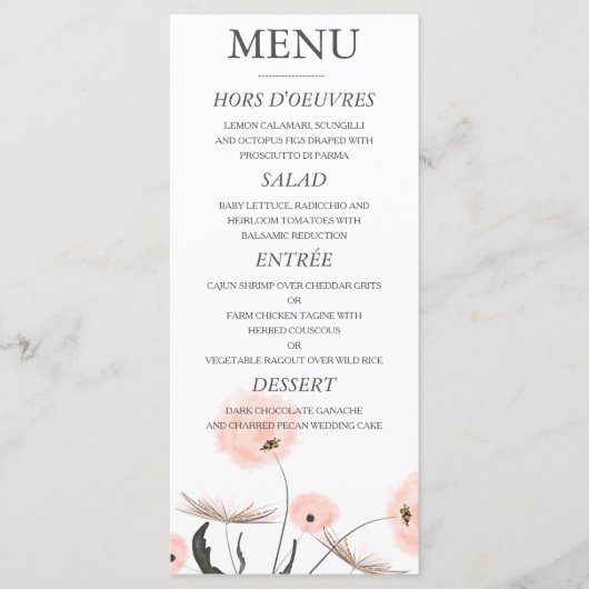 Peach Watercolor Dandelion Menu Mariage (Devant)