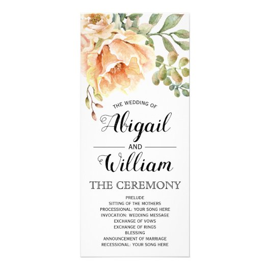 Peach watercolor fleurs programme de mariage flora (Devant)