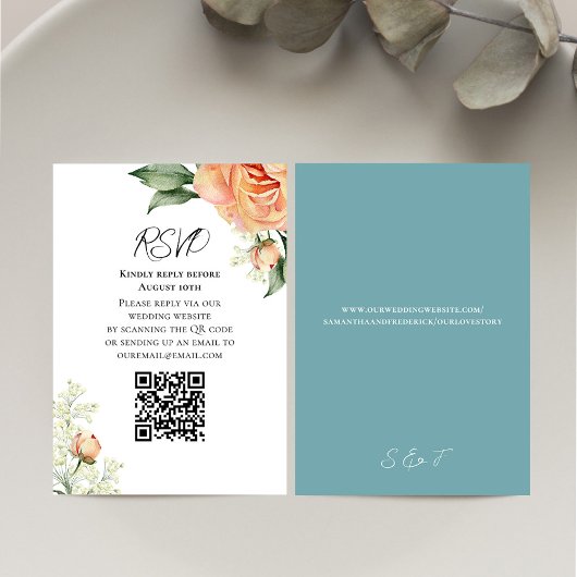 Peach Watercolor Floral QR Code RSVP Blue