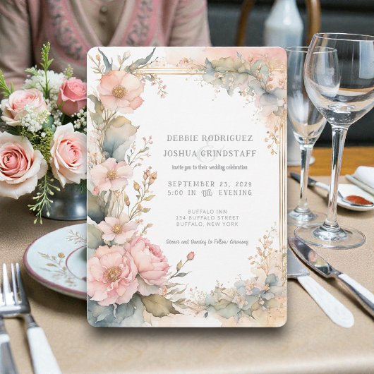 Peach Watercolor Floral Wedding Invitation 