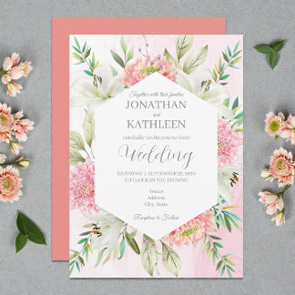 Peach Watercolor Floral Wedding Invitation Kaart