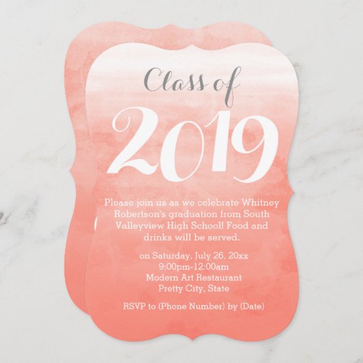 Peach Waterverf 2019 Graduation Party Uitnodiging (Voorkant / Achterkant)