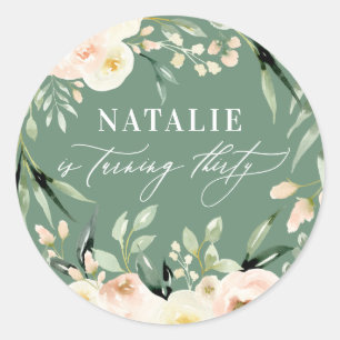 Peach waterverf floral 30th verjaardagsfeest ronde sticker